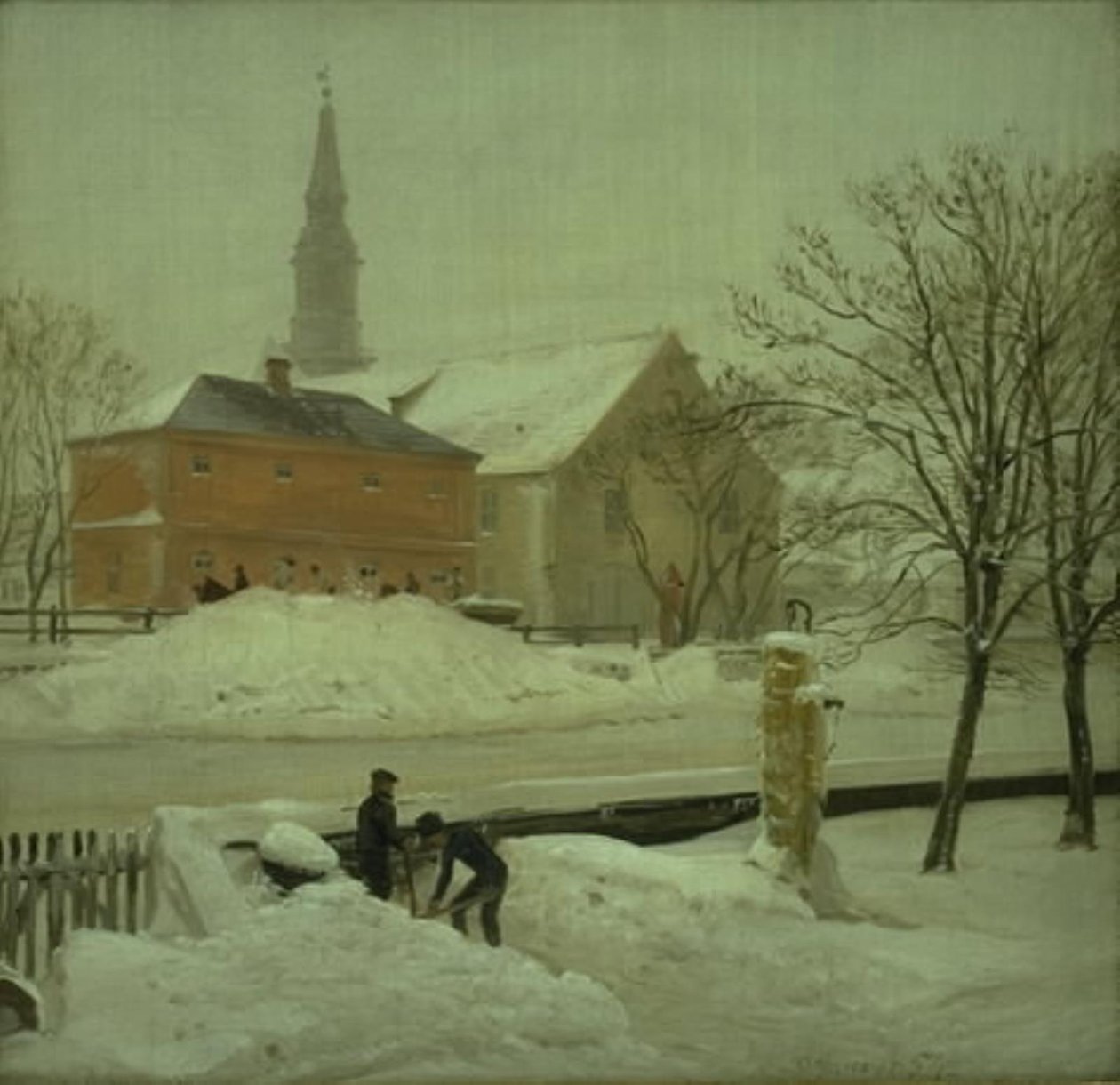 Udsigt fra kunstnerens bolig i Løweners ejendom på Christianshavn. Vinterdag med sne af P.C. Skovgaard