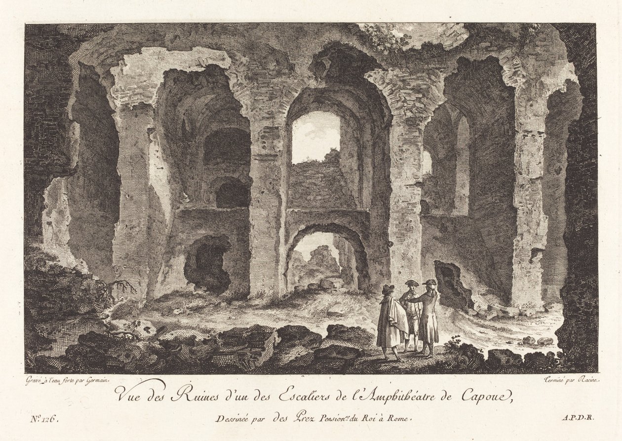 Udsigt over ruinerne fra en af ​​trapperne i Capua Amphitheatre af P.F. Germain after Louis Jean Desprez