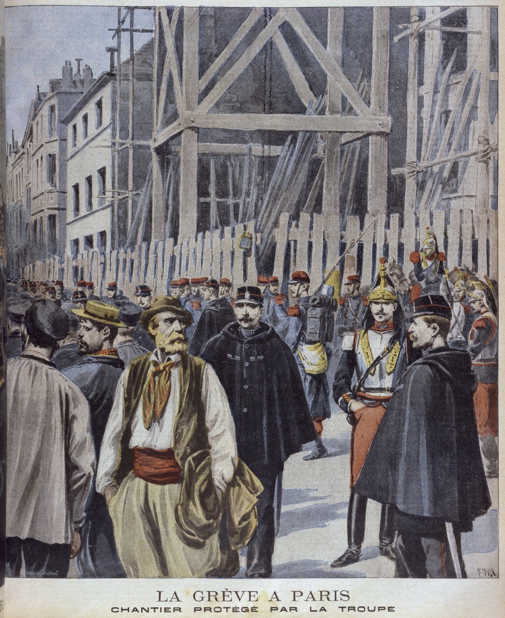 Strejke i Paris, byggeplads beskyttet af hæren, illustration fra 