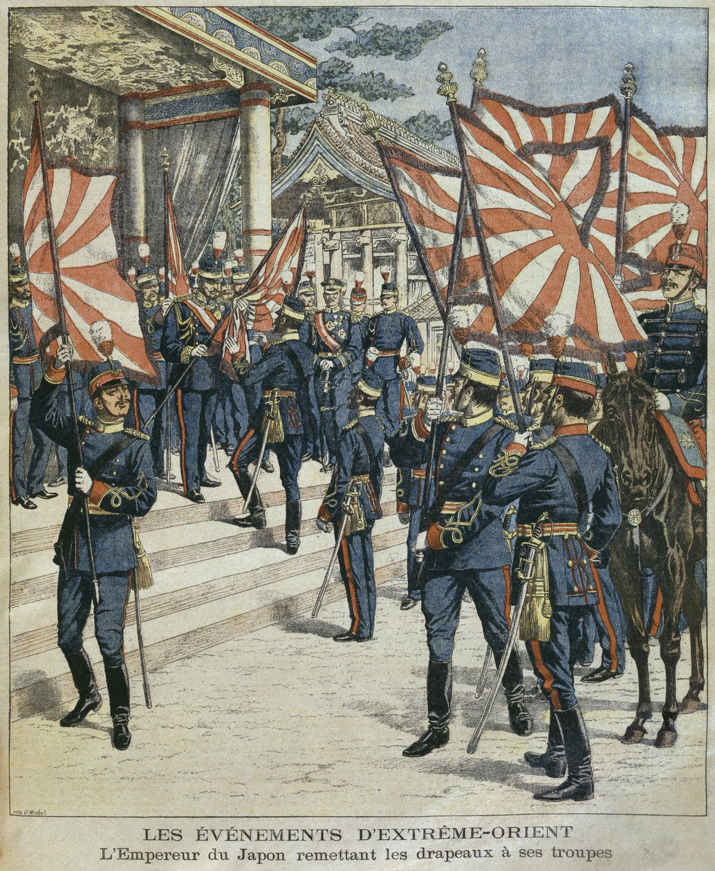 Hans kejserlige majestæt Mutsuhito, kejser af Japan, giver flagene til sine tropper, illustration fra "Le Petit Journal": Supplement illustre", 6. marts 1904 af P.H.G.V. Michel