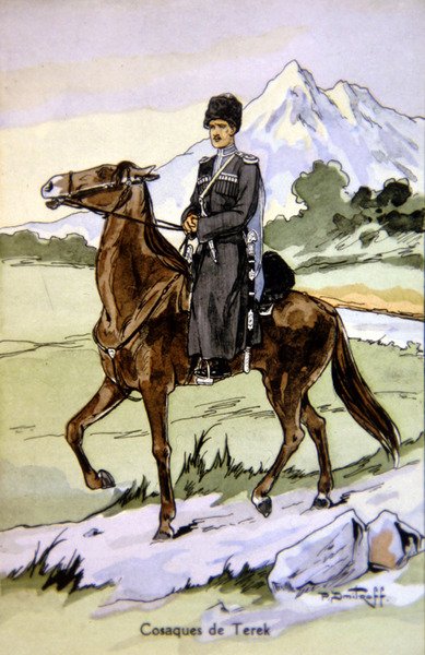 Postkort forestillende en Terek Kosak, ca. 1914 (farve litho) af P. (after) Dmitroff