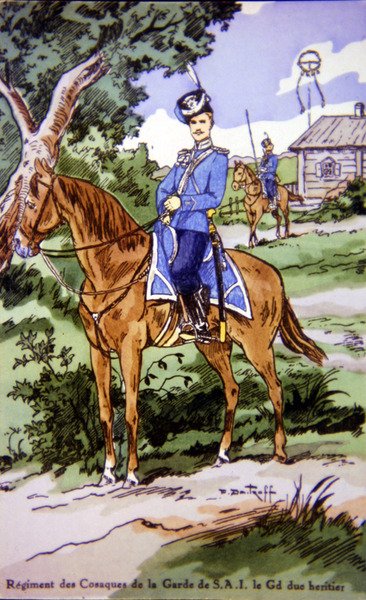 Postkort med en rytter fra Regiment des Cosaques de la Garde de S.A.I. af P. (after) Dmitroff