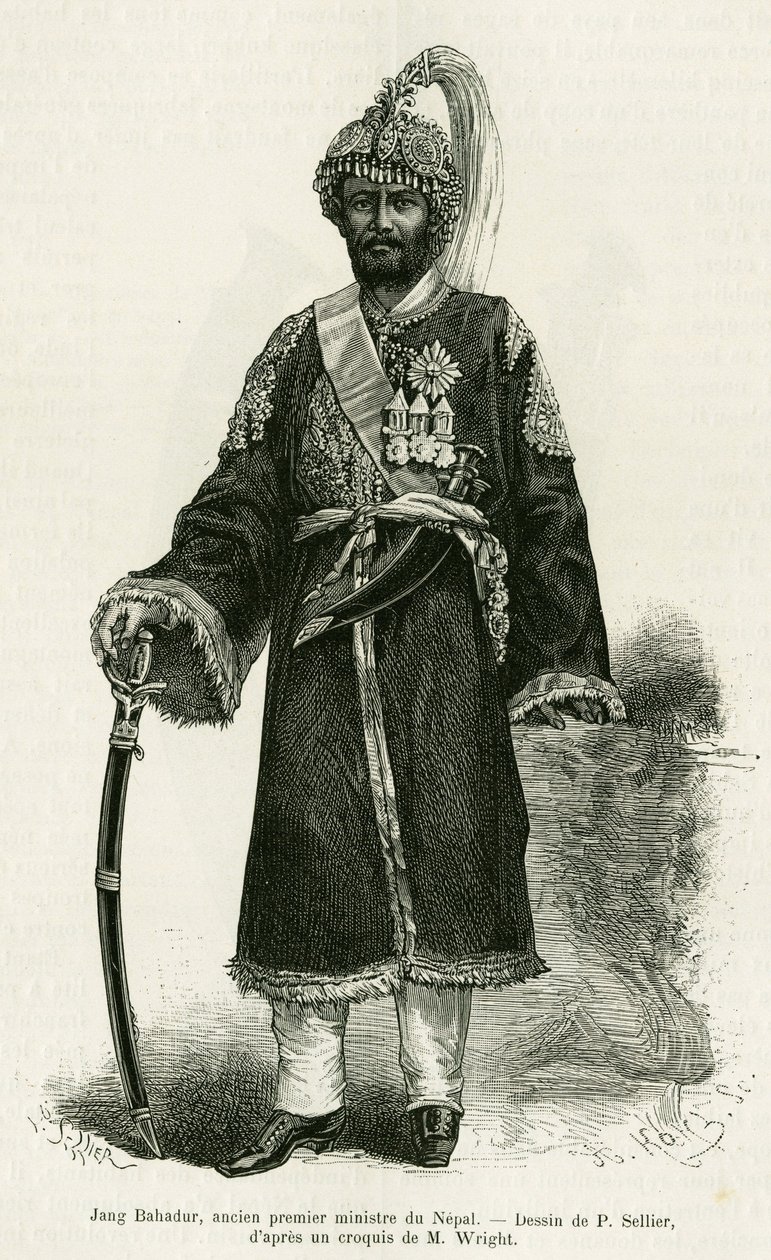Jang Bahadur (1816-1877), Nepals premierminister. Gravering af P.Sellier for at illustrere historien Voyage au Nepal, af Dr. Gustave Le Bon (1841-1931), i le tour du monde 1886, instrueret af Edouard Charton (1807-1890), Hachette, Paris. af P. (after) Sellier