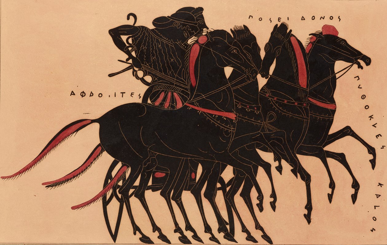 Tryk af dekorationen på en græsk amfora, der viser Afrodite køre Poseidon i en vogn, c1858. af P Bineteau