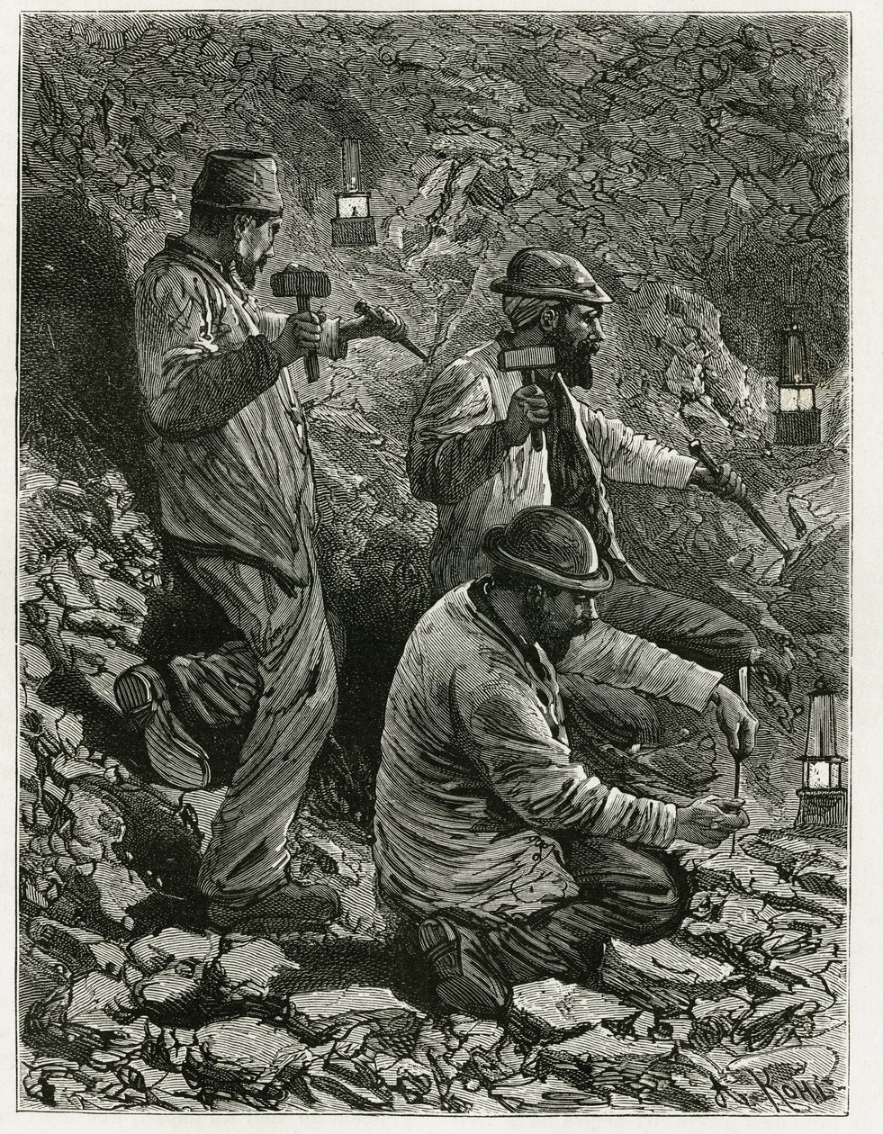 Minearbejdere udvinder kul i venen. Gravering af Ferat, til illustration af historien "" Belgien" ", af Camille Lemonnier (1844-1913) belgisk forfatter. Udgivet i Le Tour du monde, nouveau journal des voyages, 2. semester 1884, redigeret af Edouard Charton af P. Ferat