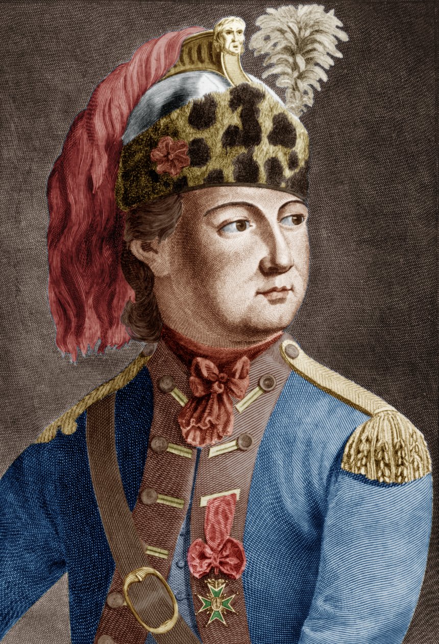 Ridder af Eon (1728-1810), fransk hemmelig agent for kongen, han plejede at gå på tværs og gravere et farvelagt dokument af P. Jean Baptiste Bradel