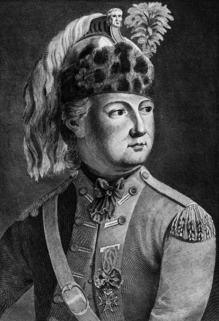 Ridder af Eon (1728-1810), fransk hemmelig agent for kongen, han plejede at klæde sig på, gravere af P. Jean Baptiste Bradel