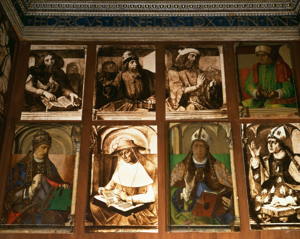 Studiet af Federigo da Montefeltro, hertug af Urbino, med uret fra TL: De græske filosoffer Platon (ca. 427-347 f.Kr.) og Aristoteles (384-322 f.Kr.); Ptolemæus, astronom (ca. 90-168); Boethius, filosof (ca. 48 af P. Joos van Gent and Berruguete