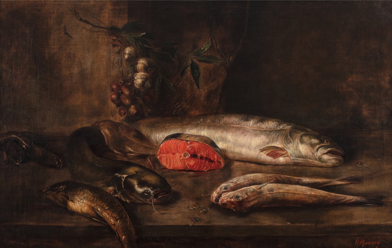 Kalan asetelma karpin, monni, lohen, punaisen mullin, ankeriaan ja merianturan kanssa pöydällä roikkuvalla valkosipulilla ja salottisipulilla, kuolleilla kaloilla, n. 1775-1800 (öljy kankaalle) af P. Romney