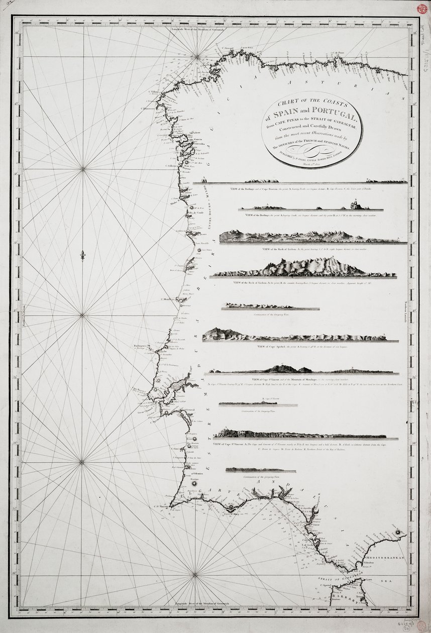 Kort over Spaniens og Portugals kyster fra Kap Pinas til Gibraltarstrædet, konstrueret og omhyggeligt tegnet ud fra de seneste observationer foretaget af officerer fra den franske og spanske flåde. af P. Steel