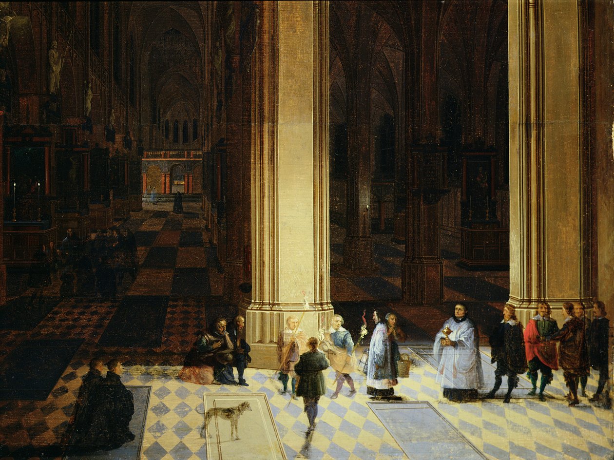 Interiør af katedralen i Antwerpen om natten, midten af det 17. århundrede (olie på panel) af P. the Elder & P. the Younger (1620 75) Neeffs