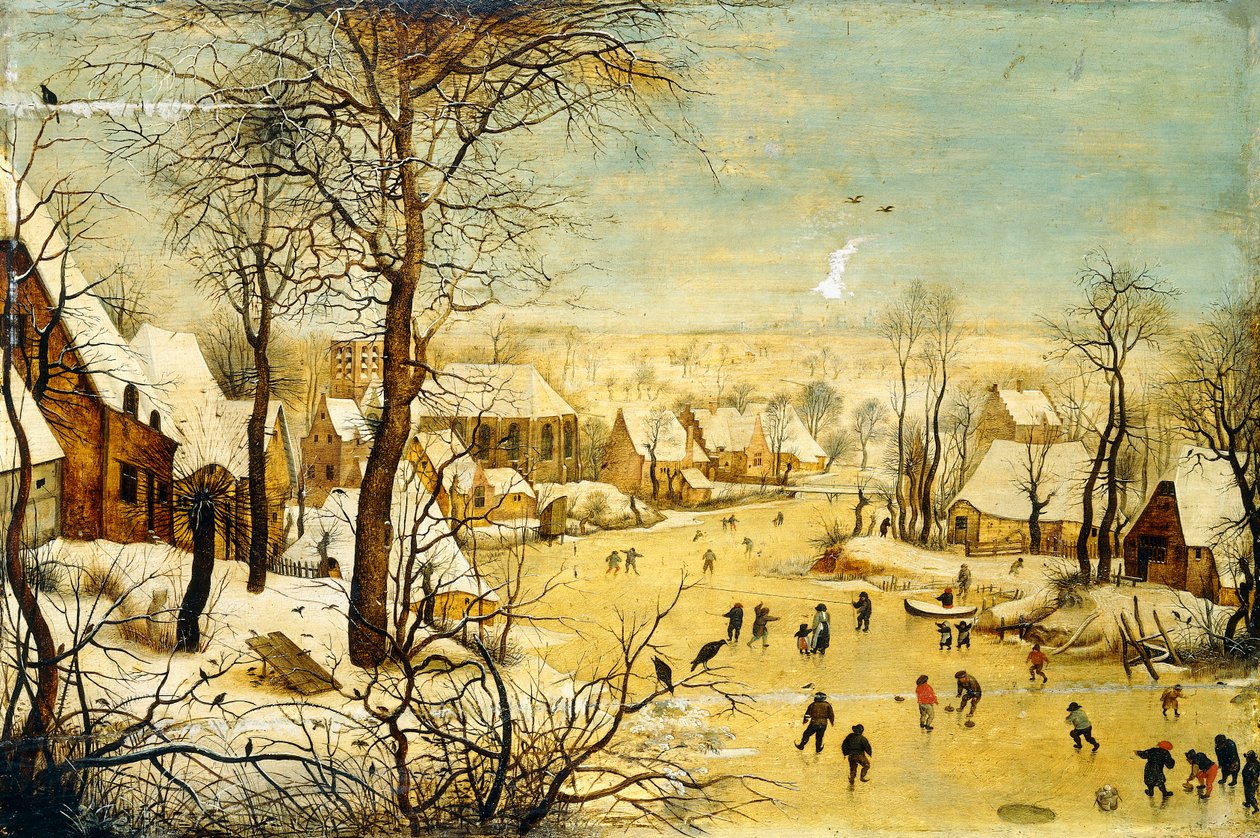 En landsby om vinteren med en fuglefælde og skatere på en frossen vandvej, af P. the Younger Brueghel