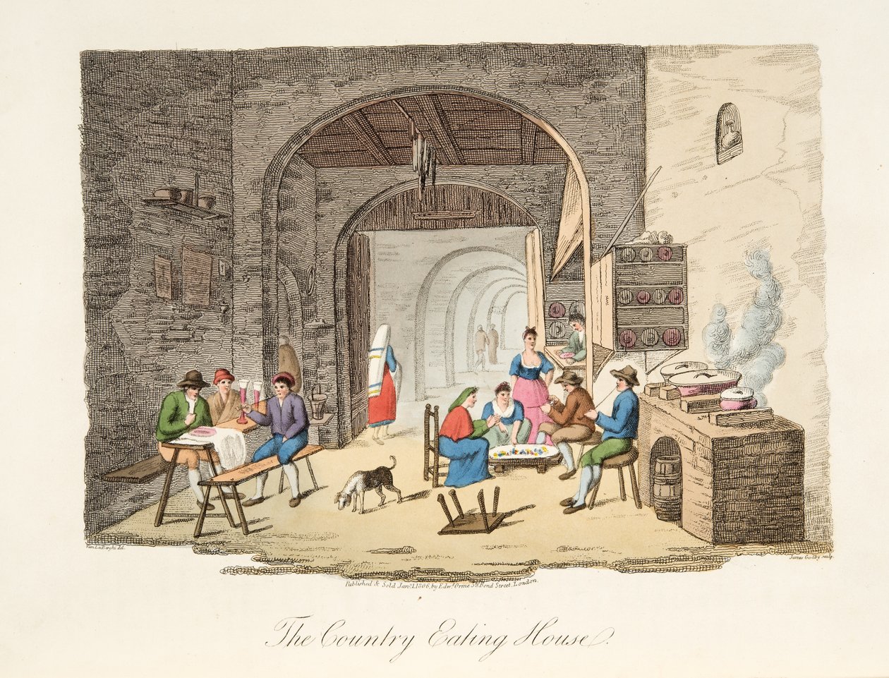 The Country Eating House, fra Italian Scenery, der repræsenterer manerer, skikke og forlystelser i de forskellige stater i Italien, pub. 1806 (håndfarvet gravering) af P. van (after) Lerberghi