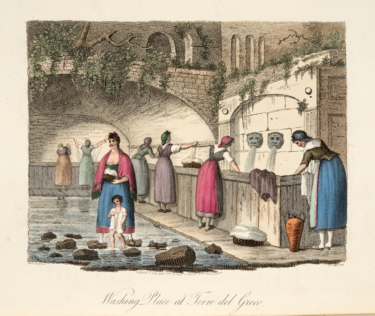 Vaskeplads ved Torre del Greco, fra Italian Scenery, der repræsenterer manerer, skikke og forlystelser i de forskellige stater i Italien, pub. 1806 (håndfarvet gravering) af P. van (after) Lerberghi