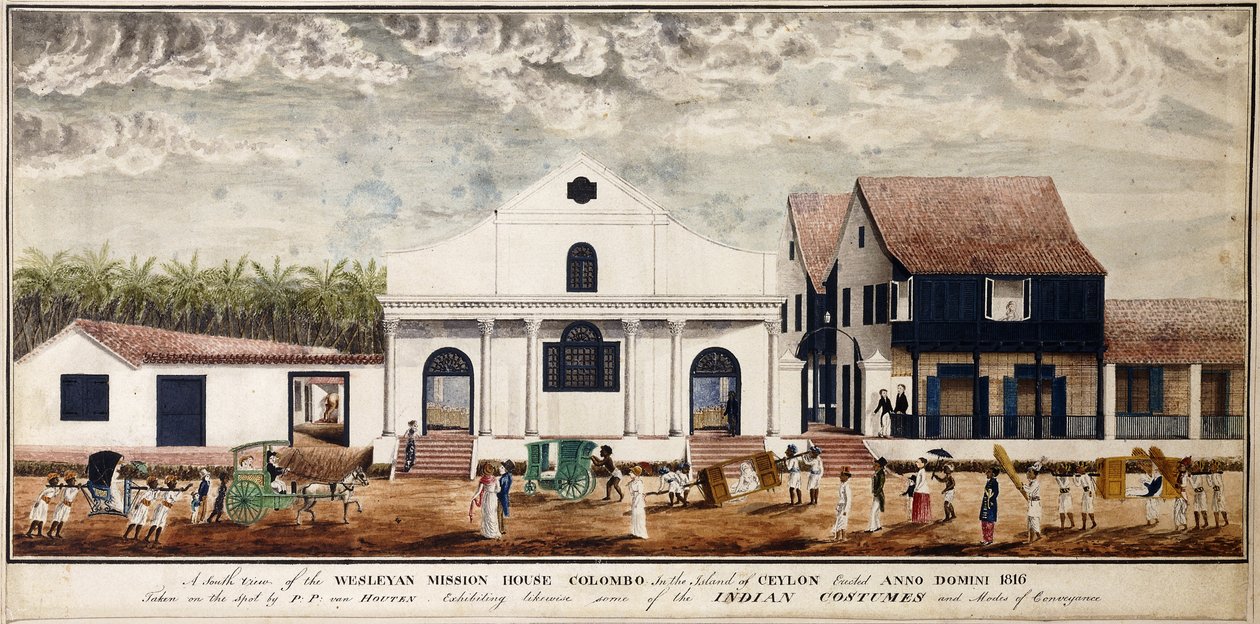 En sydlig udsigt over Wesleyan Mission House, Colombo på øen Ceylon, opført Anno Domini 1816, ca. 1816 (akvarel) af P. van Houten