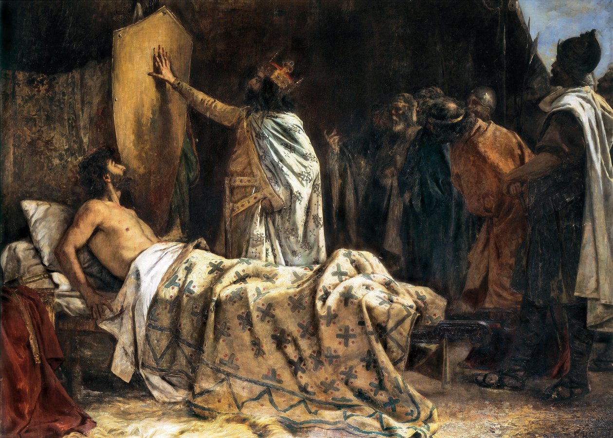 Grev Wilfred den Behåredes død (840-897), slutningen af det 19. - begyndelsen af det 20. århundrede (olie på lærred) af Pablo Antonio Béjar Novella