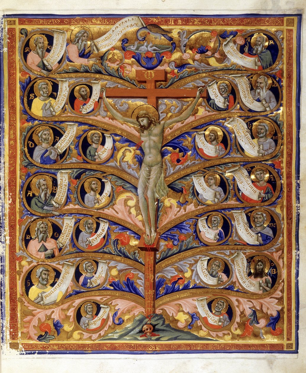 Livets træ eller korsets træ, illustration fra Trivulziana Latin Bible, ca. 1335-40 (tempera, bladguld & blæk på pergament) af Pacino di Bonaguida