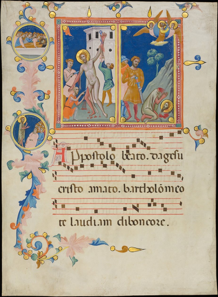 Manuskriptblad med Saint Bartholomews martyrium, fra en Laudario, ca. 1340. af Pacino di Bonaguida