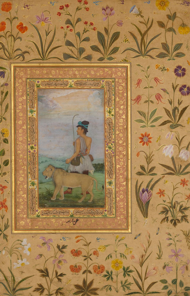 Dervish With a Lion, Folio fra Shah Jahan-albummet, bagside: ca. 1630, recto: ca. 1500. af Padarath