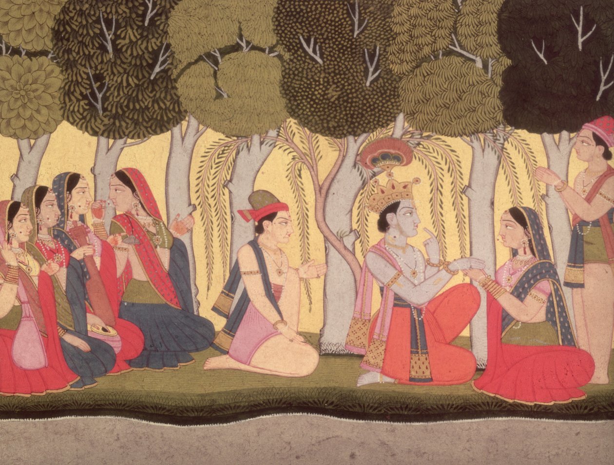 Radha og Krishna siddende i en lund, Kulu, 1790-1800 af Pahari School