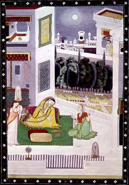 En forsømt dame, fra Prositapatika Nayika, Kangra, Himachal Pradesh, ca. 1850 af Pahari School