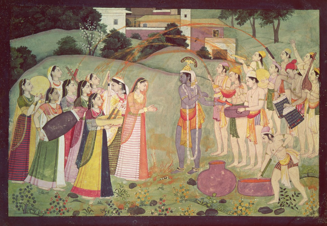 Krishna fejrer festivalen Holi, Kangra, Himachal Pradesh, ca. 1775-1780 af Pahari School