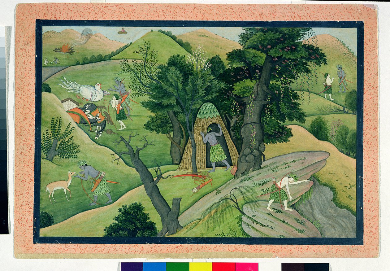 74.73 Rama og Lakshmana vandrer på jagt efter Sita, fra Ramayana, Kangra, Himachal Pradesh, 1780 af Pahari School