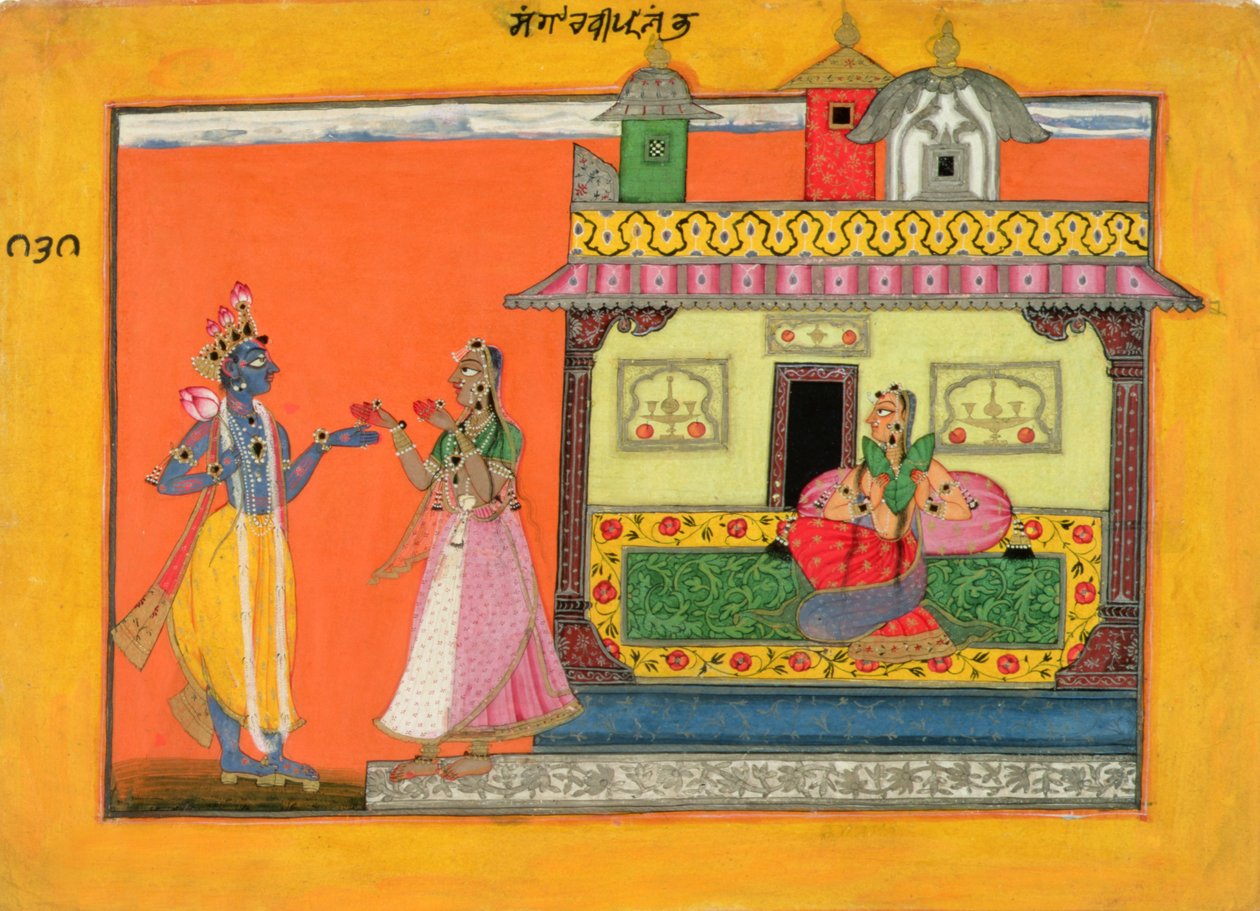 Krishna ankommer til Radhas hus, illustration fra et manuskript af Rasamanjari af Bhanudatta, Basholi-stil, ca. 1660-70 af Pahari School