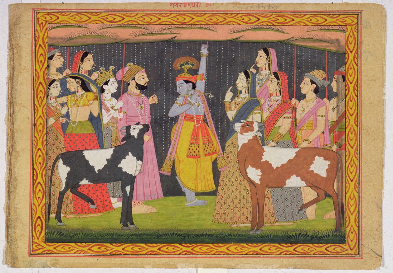 Krishna løfter Govardhana-bjerget, fra Bhagavata purana, Kulu, Himachal Pradesh, 1749 af Pahari School