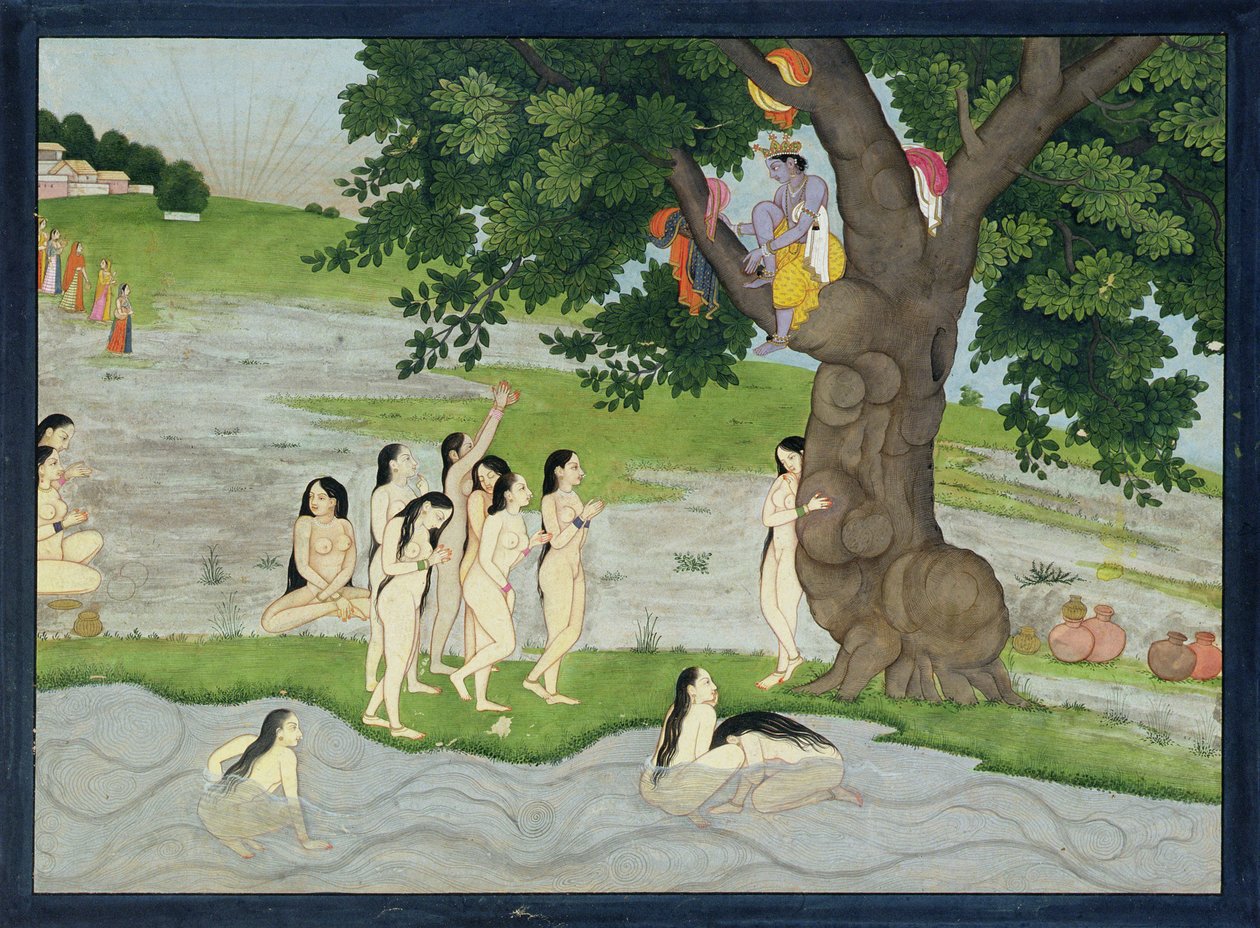 Krishna stjæler Gopies tøj fra Bhagavata purana, Kangra, Himachal Pradesh, 1780 af Pahari School