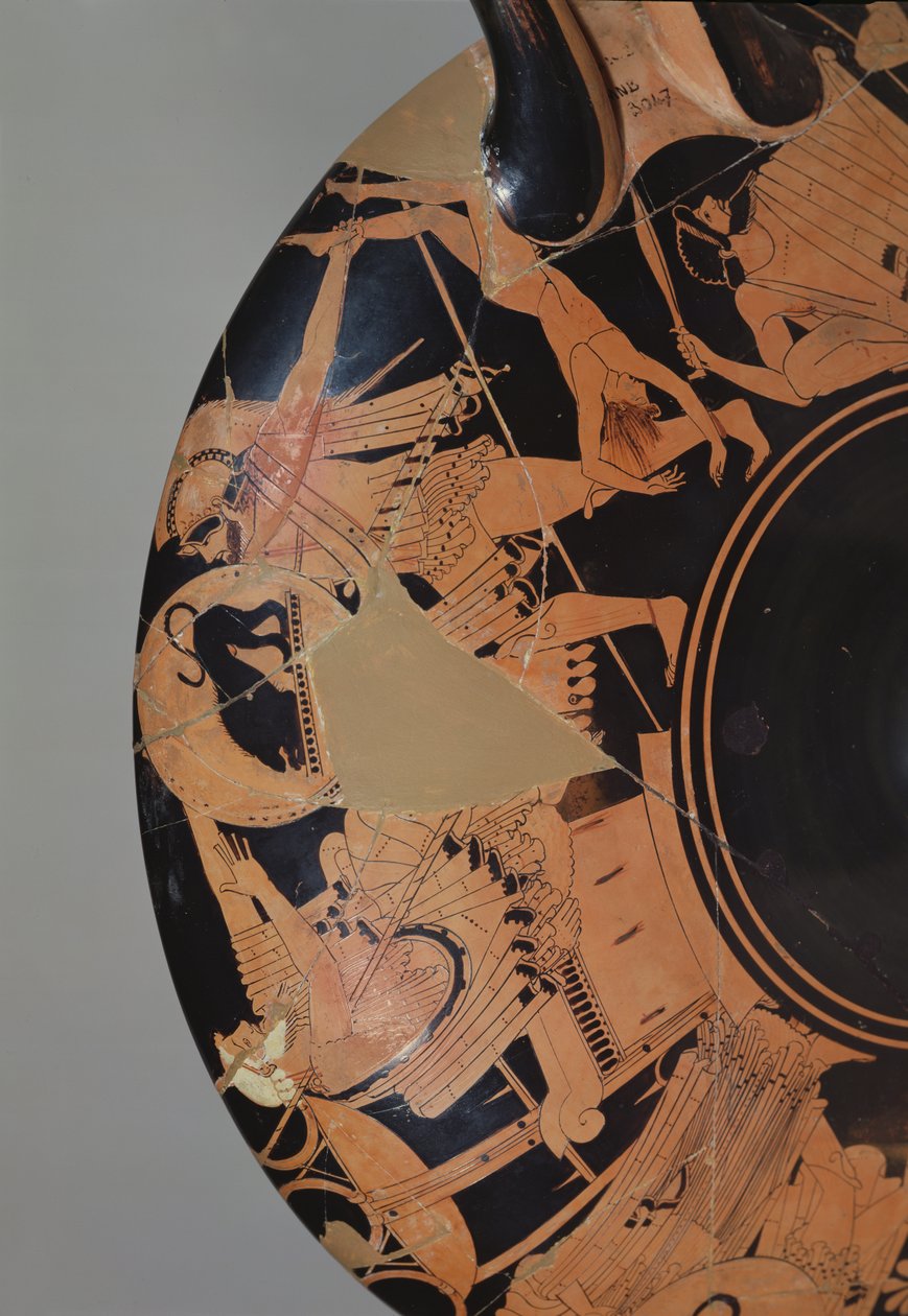 Detalje af en loftskop med rød figur, der forestiller Neoptolemus, der forsøger at dræbe Priamos med liget af Astyanax, ca. 490 f.Kr. (keramik) (se 92562 for interiør) af Painter Brygos