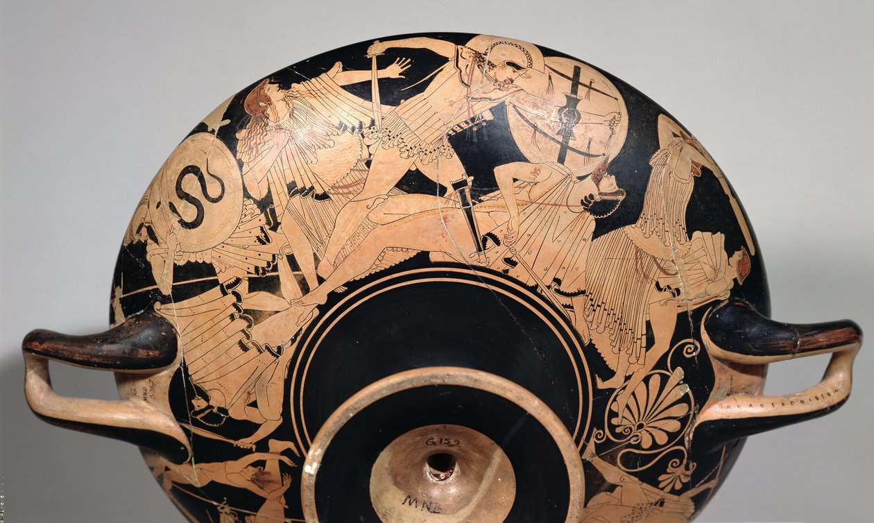 Detalje af en rød-figur kop på loftet, der viser scener fra den trojanske krig, ca. 490 f.Kr. (keramik) (se 92562 & 211797 for interiør) af Painter Brygos