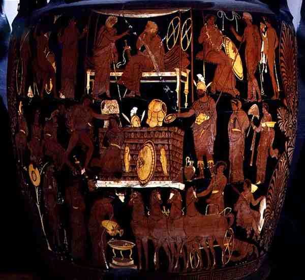 Apuliens rød-figur volute-krater, detalje af ofringen af trojanske fanger af Achilles ved begravelsen af Patroclus, græsk, fra Canosa, 4. århundrede f.Kr. (keramik) (se også 119457) af Painter Darius