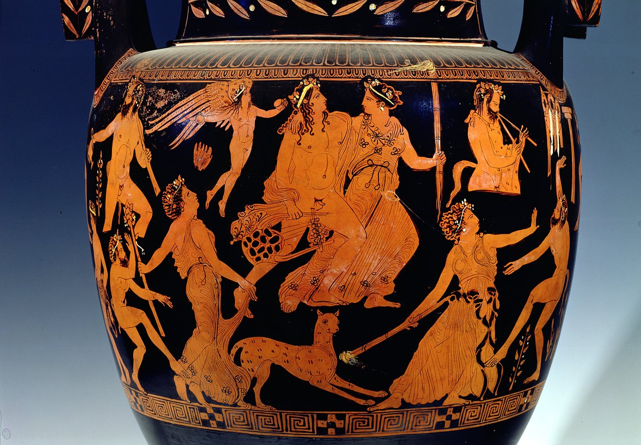 Attic rød-figur volut-krater, detalje af scene af skuespillere og musikere, der forbereder sig til en forestilling, græsk, fra Ruvo, 5. århundrede f.Kr. (keramik) (se 119445-7) af Painter Pronomos