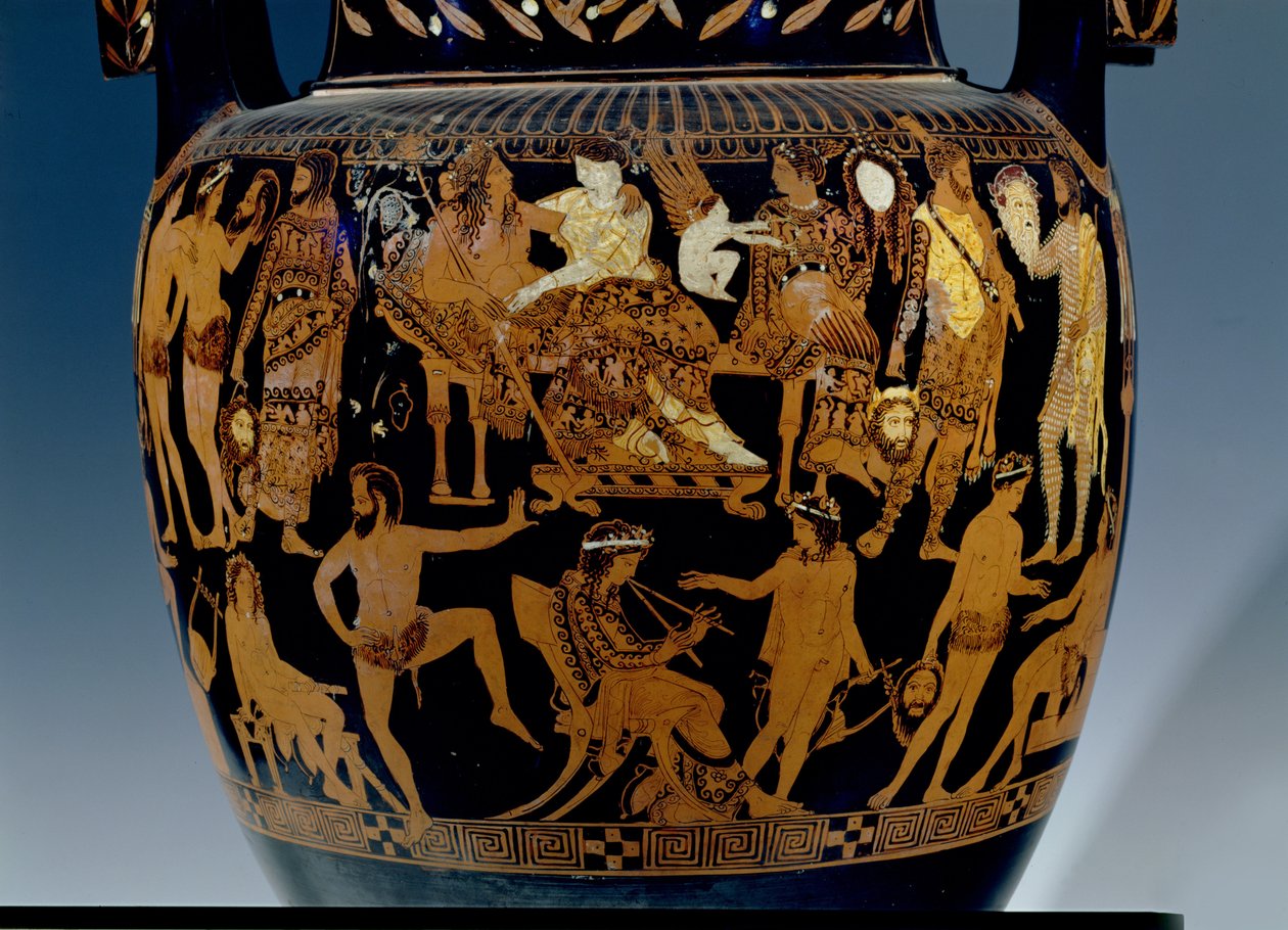 Loftsvolutkrater med rød figur, detalje af scenen af skuespillere og musikere, der forbereder sig til en forestilling før Bacchus og Ariadne, græsk, fra Ruvo, 5. århundrede f.Kr. (keramik) (se også 119444-5 af Painter Pronomos
