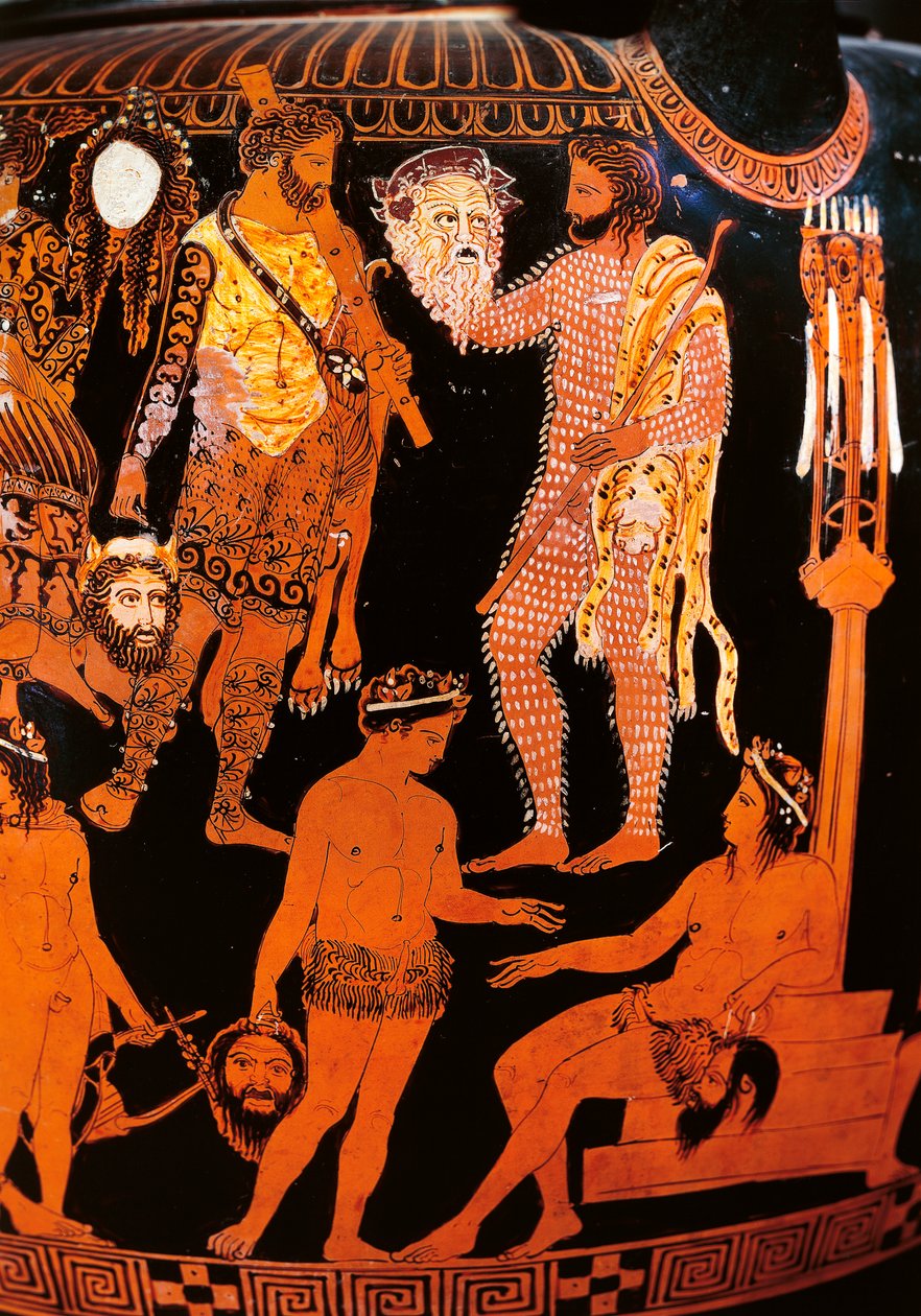 Rød-figur volute krater med en skuespiller, der holder sin maske, fra Ruvo, ca. 410 f.Kr. (keramik) af Painter Pronomos