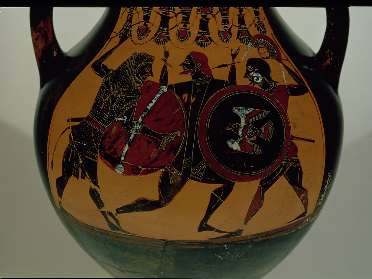 Attisk sort-figur amfora dekoreret med en scene af Herakles klædt i et løveskind, der kæmper mod Cycnus, ca. 540 f.Kr. (keramik) af Painter of Berlin