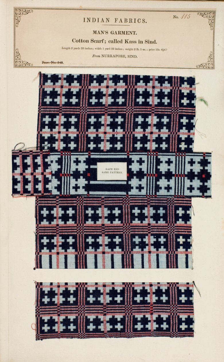 Prøve af bomuldstørklæde fra Nurrapore i Sind, fra The Collection of the Textile Manufacturers of India, af John Forbes Watson, udgivet i 1866 af Pakistani School