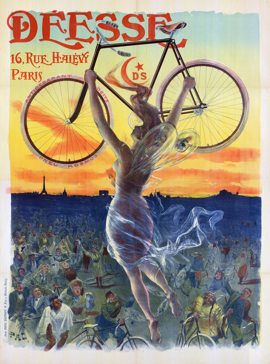 Gammel fransk plakat af en gudinde med en cykel, ca. 1898 (farvelitografi) af Pal