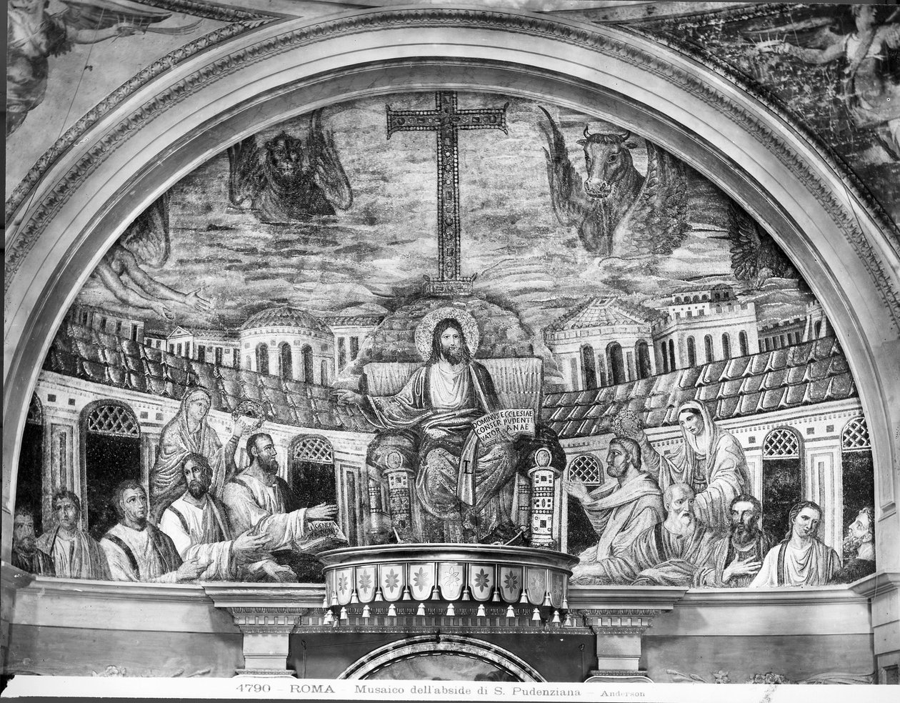 Kristus troner omgivet af apostlene og de hellige Pudentiana og Praxedis, i Apsis (mosaik) af Paleo Christian