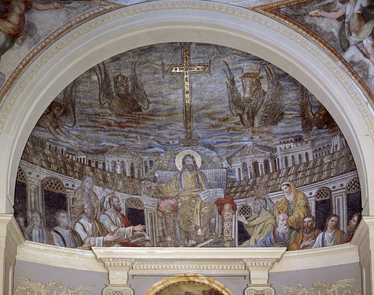 Kristus troner omgivet af apostlene og de hellige Pudentiana og Praxedis, i Apsis (mosaik) af Paleo Christian
