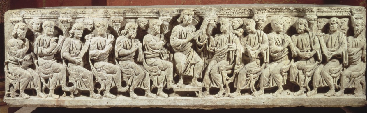 Kristus siddende og undervisende omgivet af apostlene, marmor sarkofag, erhvervet fra kirken i Rignieux-le-Franc, slutningen af det 4. århundrede e.Kr. af Paleo Christian