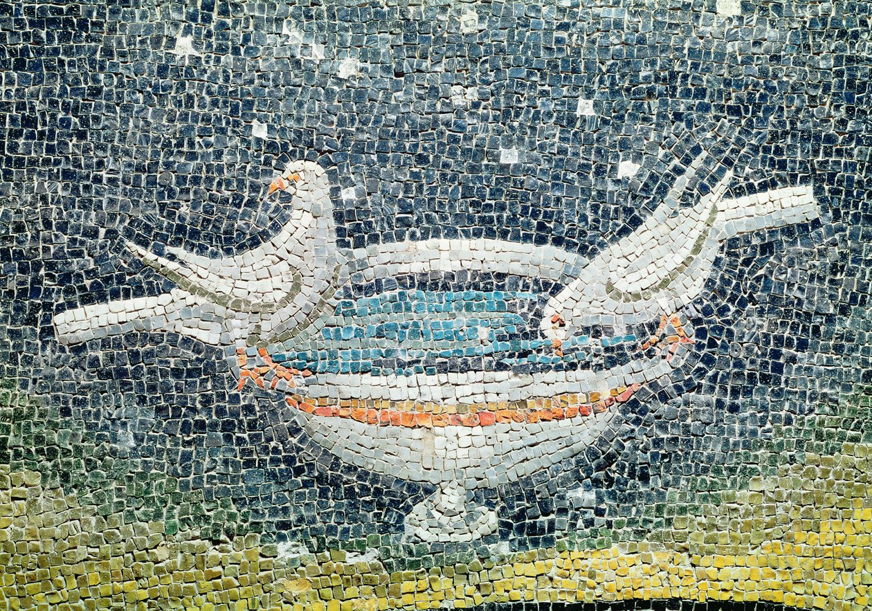 Duer drikker af en skål, ca. 430 e.Kr. (mosaik) af Paleo Christian
