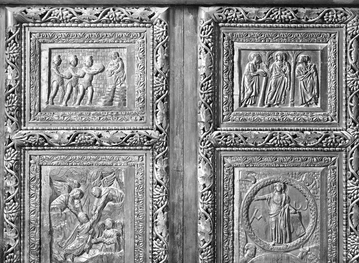 Fire dørpaneler, der viser scener fra Det Gamle og Nye Testamente (træ) af Paleo Christian