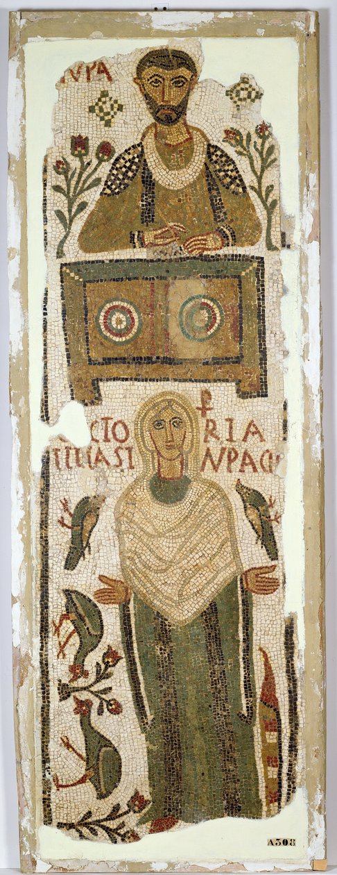 Begravelsesstele, der forestiller en bankmand og hans datter (mosaik) af Paleo Christian