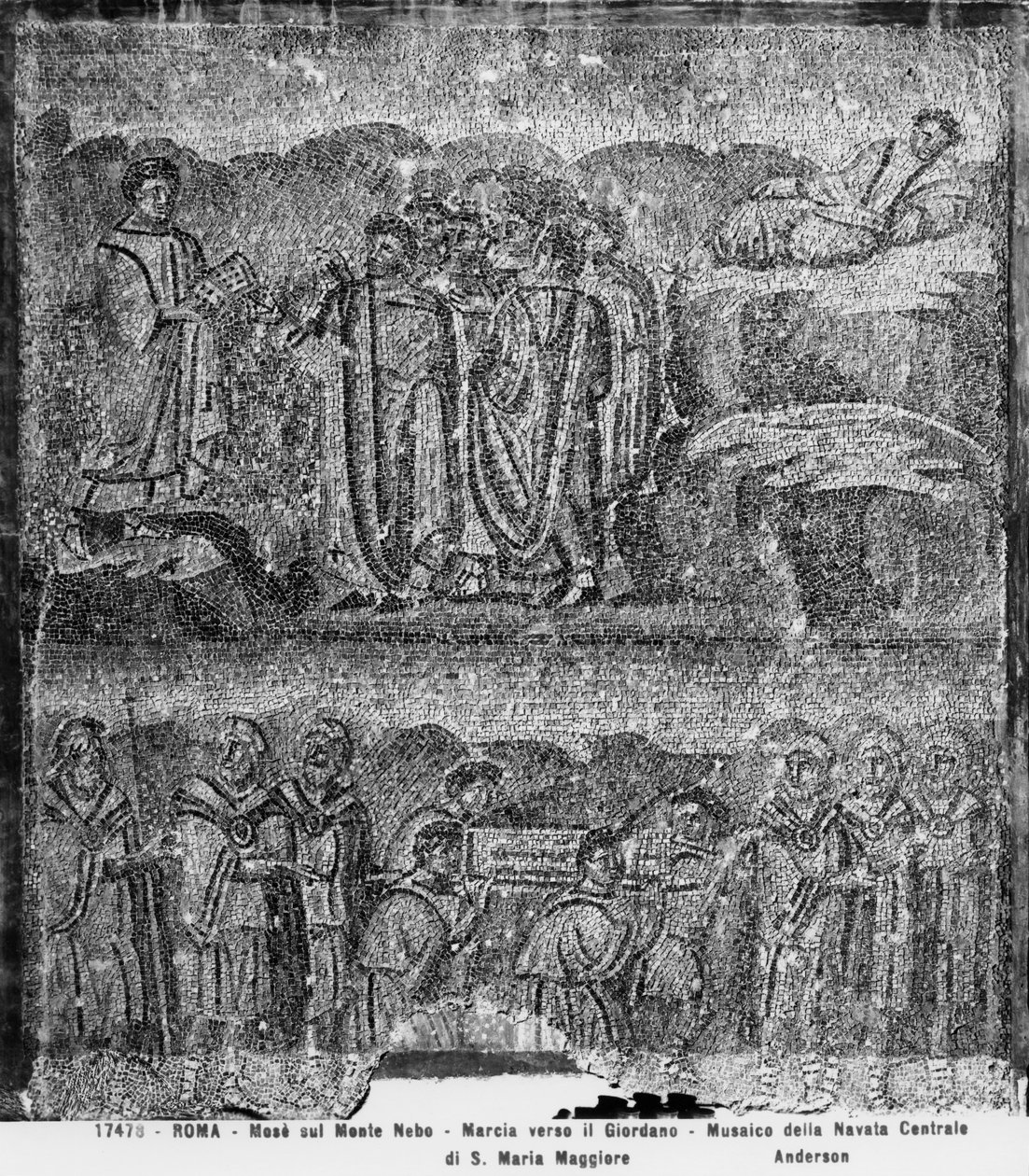 Moses på Nebo-bjerget og transporten af pagtens ark mod Jordan fra midterskibet (mosaik) af Paleo Christian
