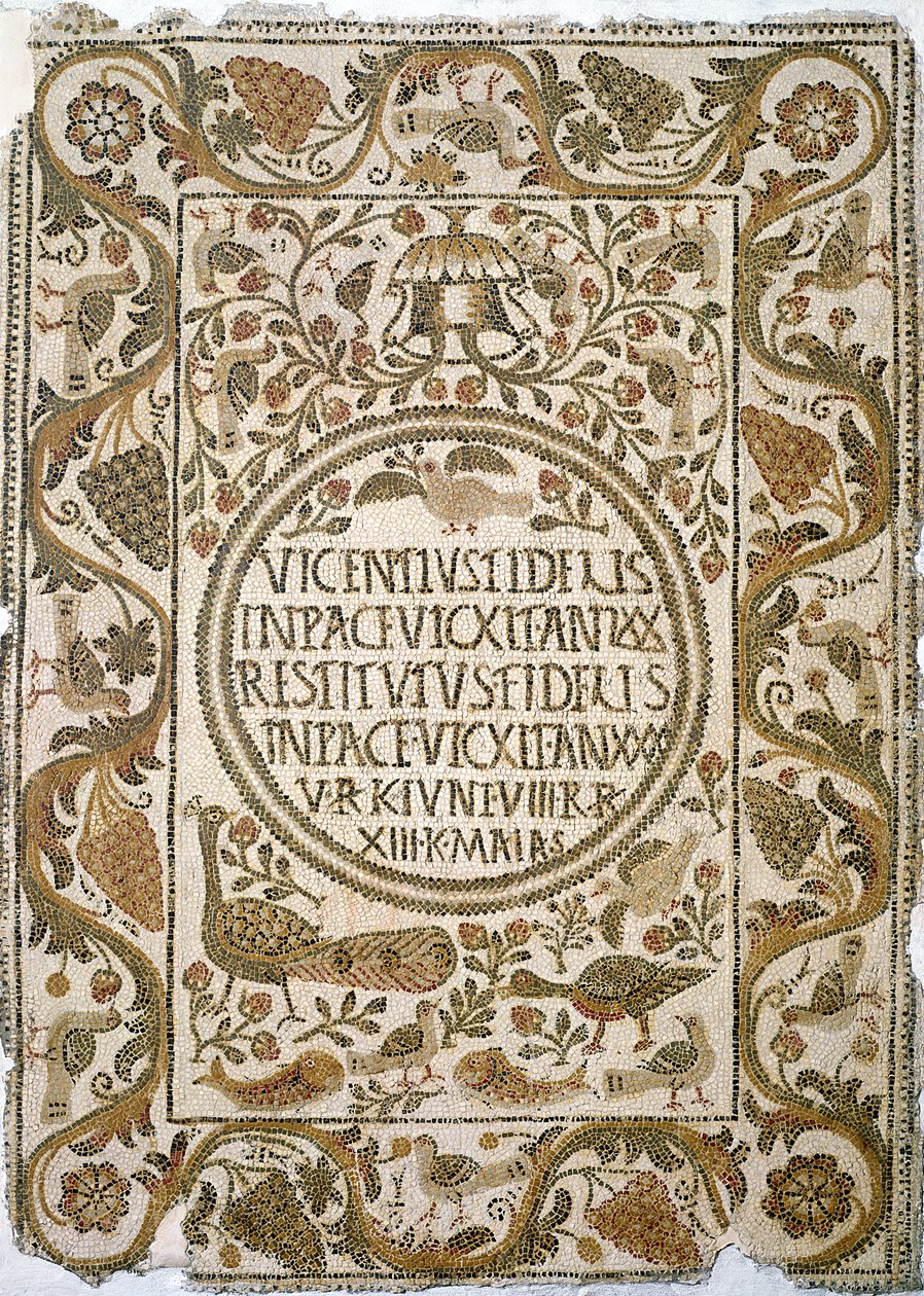 Gravsten med epitafium, fra Kirken af præsten Felix, nær Kelibia, 4.-5. århundrede (mosaik) af Paleo Christian