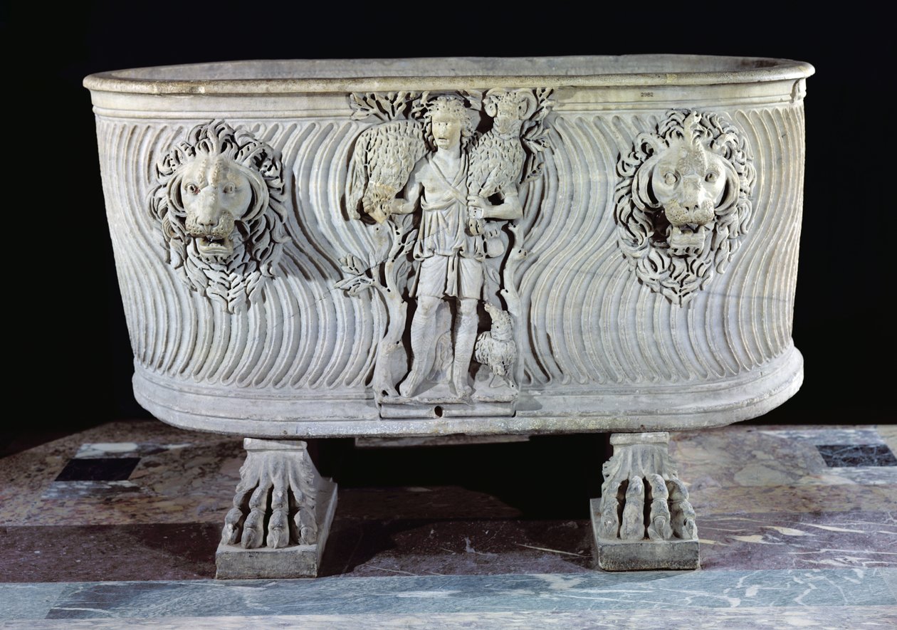 Borghese-sarkofag dekoreret med den Gode Hyrde og løvehoveder, 3.-5. århundrede af Paleo Christian