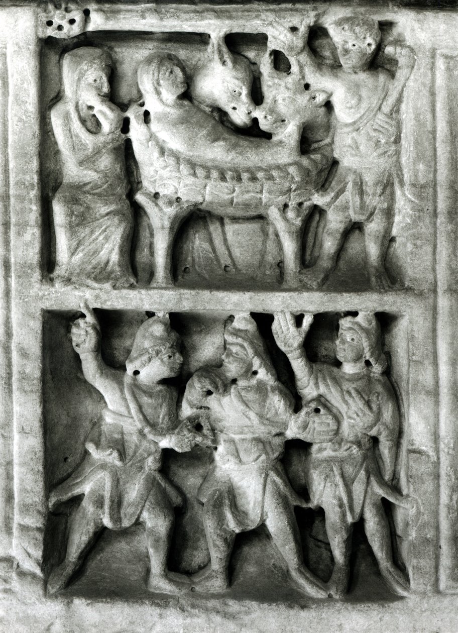 Detalje af et relief fra sarkofagen fra Fødselsstenen bw foto af Paleo Christian
