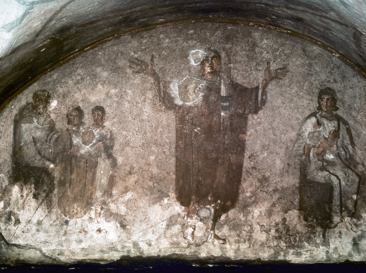 TIDLIG KRISTEN KUNST: Catacombe di St. Priscilla. Cubible of the Velata, slutningen af det 3. århundrede (fresko) af Paleo-Christian